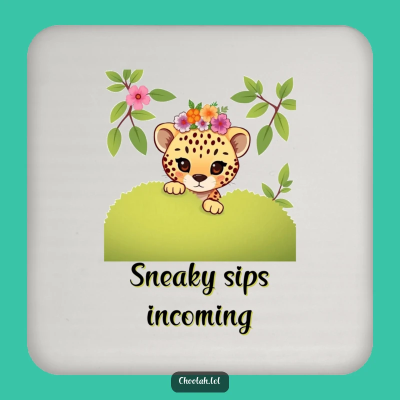 Funny Mischievous Cheetah Cub Floral Coaster Set: Playful Protection Gift