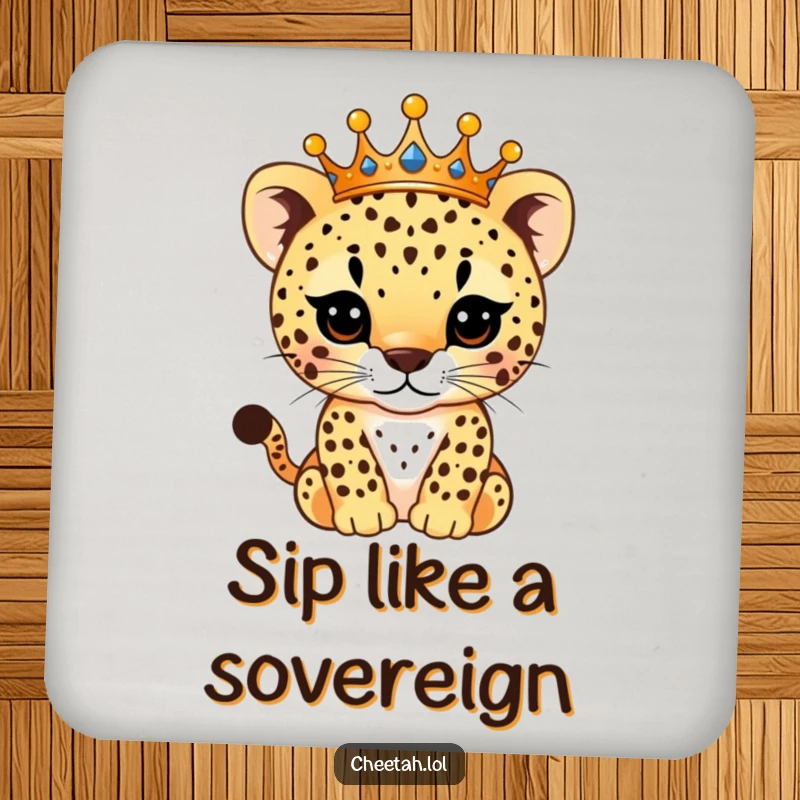 Funny Drink Coaster featuring a majestic cheetah cub wearing a sparkling crown, its spots shimmering, protecting surfaces with royal humor and charm.