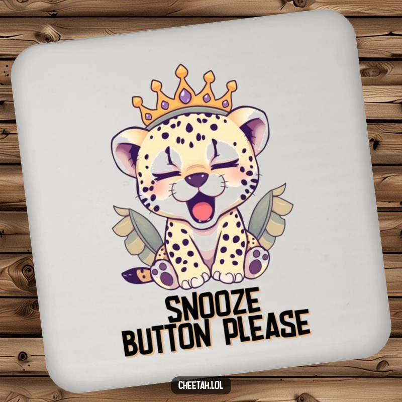 Funny sleepy cheetah cub in a feathered crown yawning, these coasters offer royal protection and humor.
