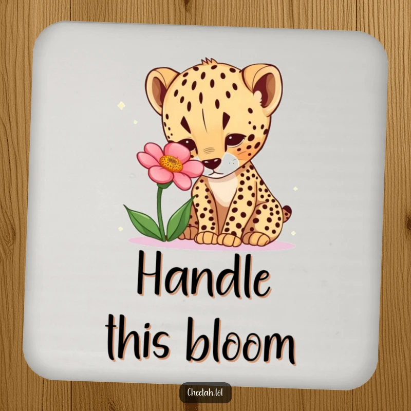 Funny cheetah cub coaster with a curious cub sniffing a desert flower. Table protector.