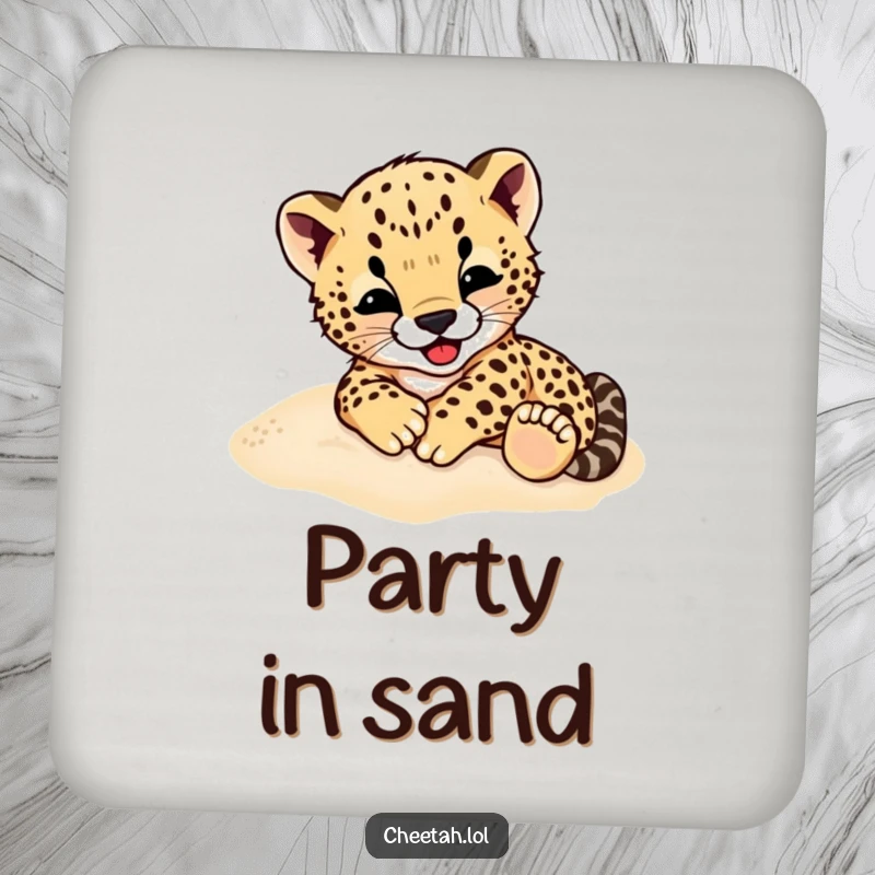 Funny Cheetah Cub Drink Coaster: A cute coaster featuring a cheetah cub gleefully rolling around in soft sand.