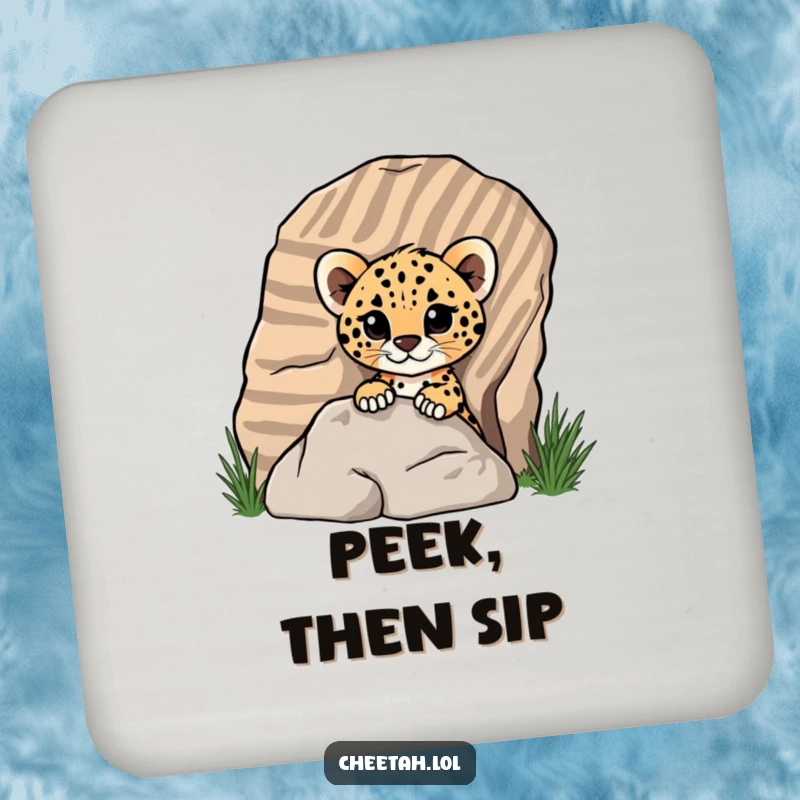 Funny cheetah cub peeking from behind a rock on a drink coaster, showing playful curiosity for screen readers.