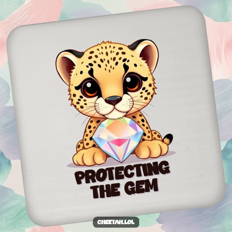 Funny cheetah cub balancing a large, shiny jewel on its nose, on a protective drink coaster, adding elegance.