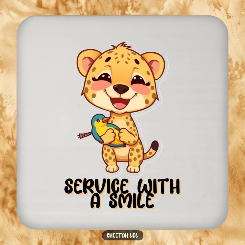 Funny cheetah drink coaster with a smiling cheetah carrying a small, colorful bird, a humorous addition to any table setting.