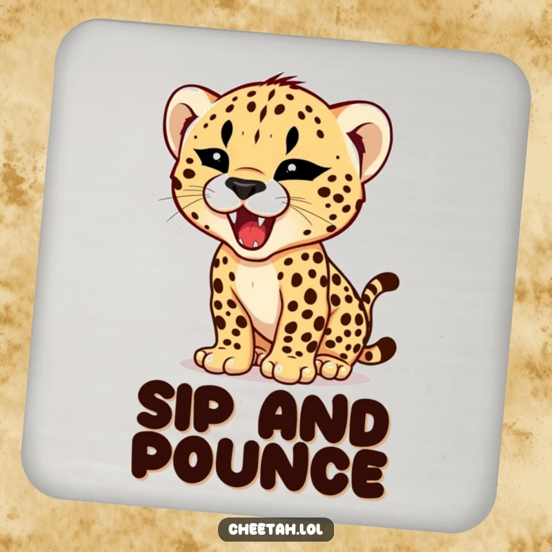 Funny drink coaster featuring a cheetah cub practicing its roar with a tiny, fierce expression, adding humorous ferocity.