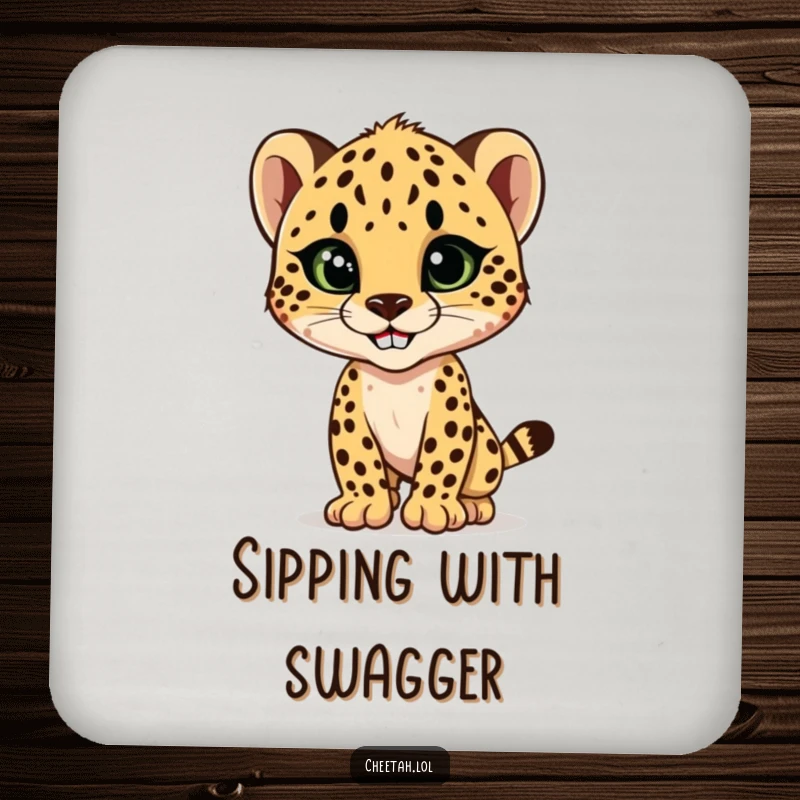 Funny cheetah cub striking a sleek, stylish pose with a confident grin, a humorous and protective drink coaster set.