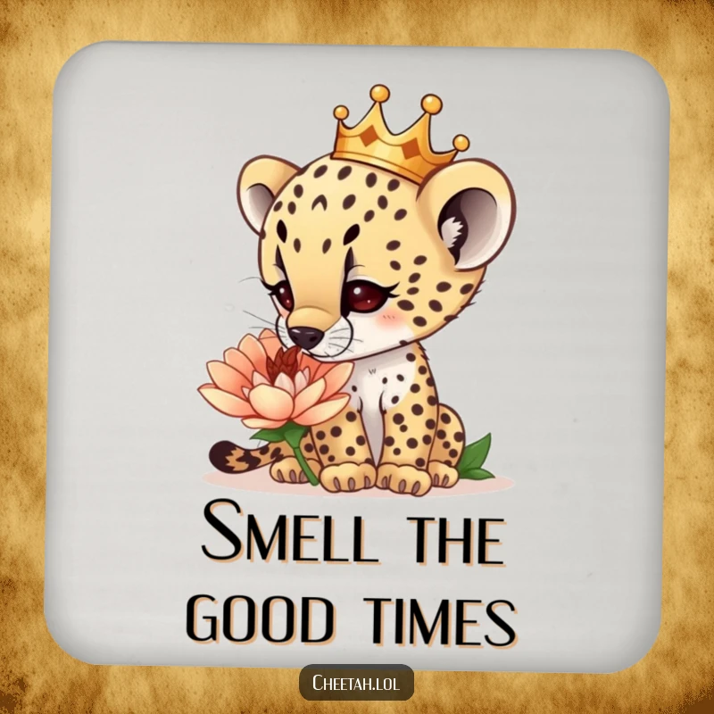 Funny curious cheetah cub wearing a tiny crown, sniffing a giant flower, on a protective drink coaster, guarding tables with curiosity, a funny gift.