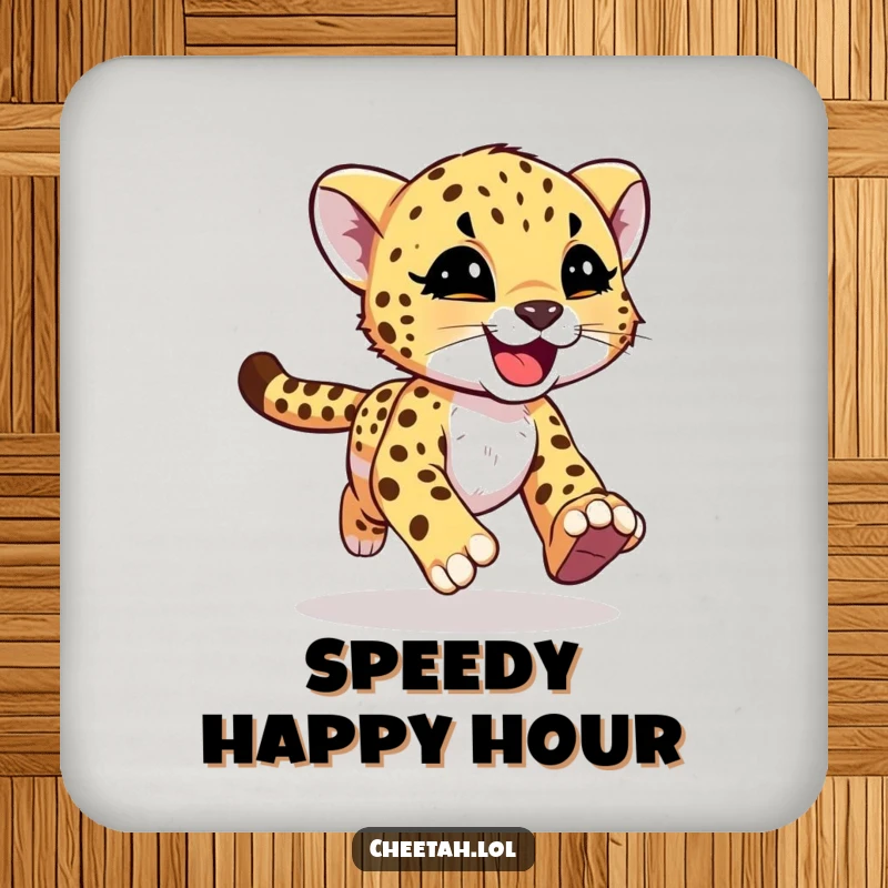 Funny cheetah cub with joyful motion streaks on a drink coaster, showcasing speed for screen readers.