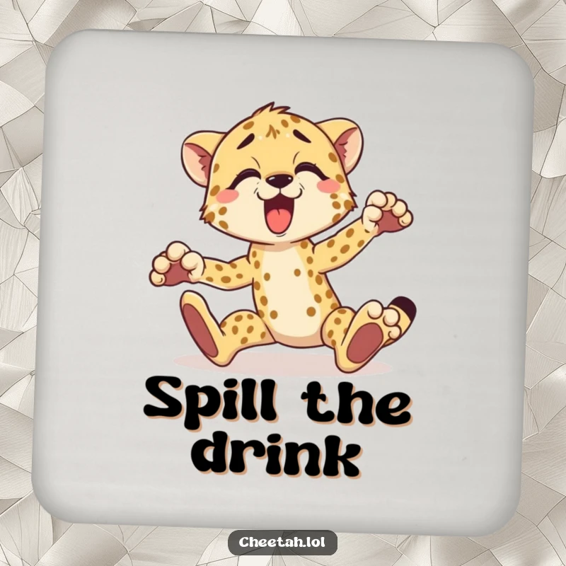 Funny cheetah coaster featuring a surprised cheetah tripping over its paws, protecting tables with humor.