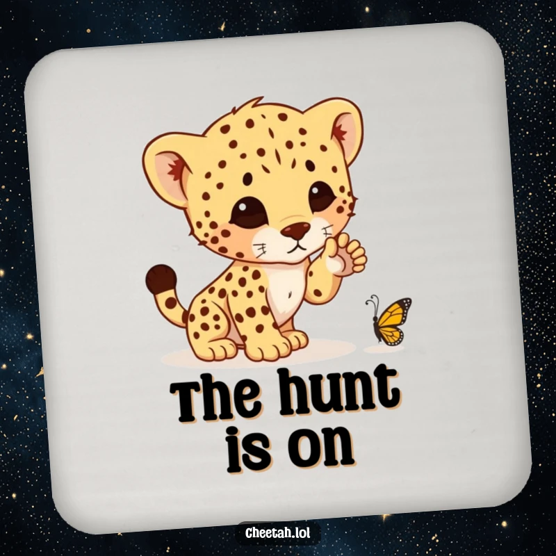 Funny drink coasters showcasing a cheetah cub comically trying to pounce on a butterfly, adding humor to any beverage setting.