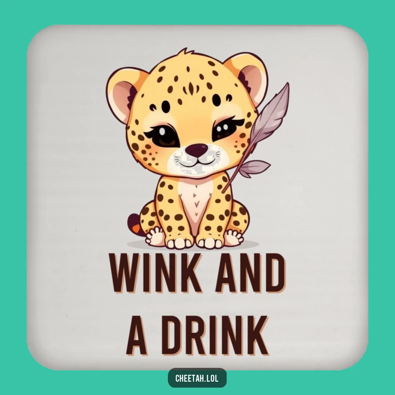 Funny Winking Cheetah Cub Coaster: Playful Feather Protector, Fun Gift