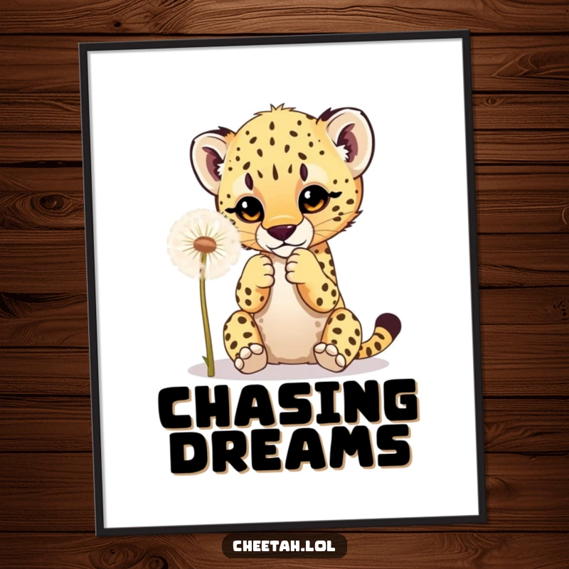 Funny poster art of a cheetah cub playfully batting at a fluffy dandelion, creating a heartwarming and humorous scene.
