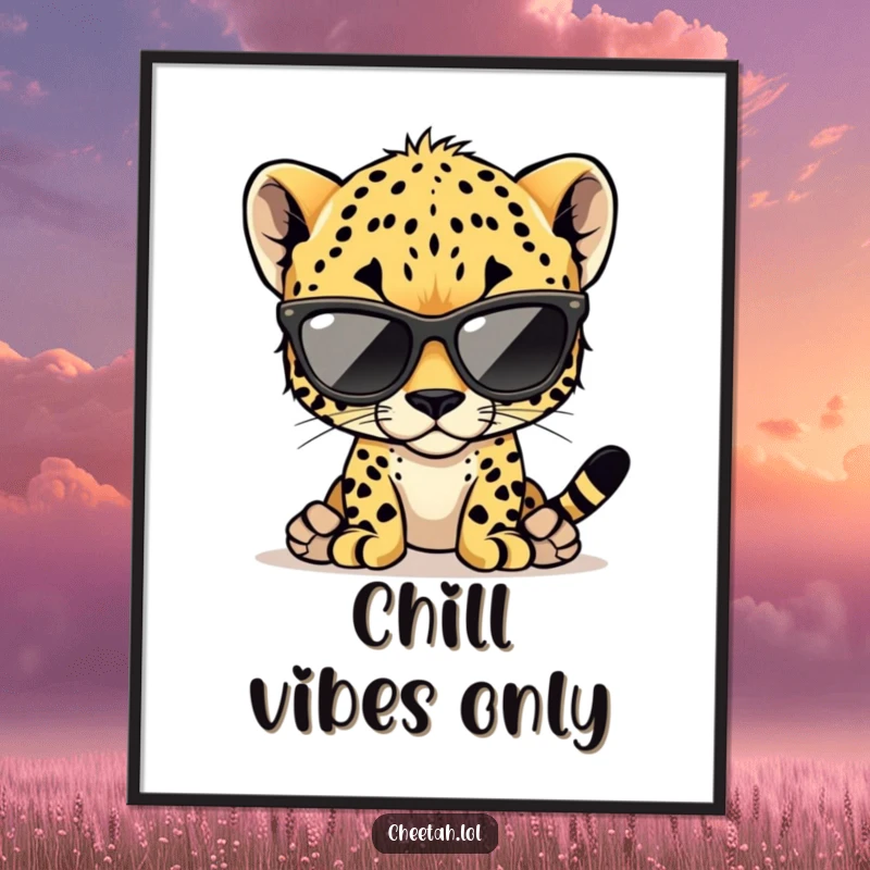 Funny cheetah cub poster of a stylish cub wearing oversized sunglasses, wall art for modern decor.