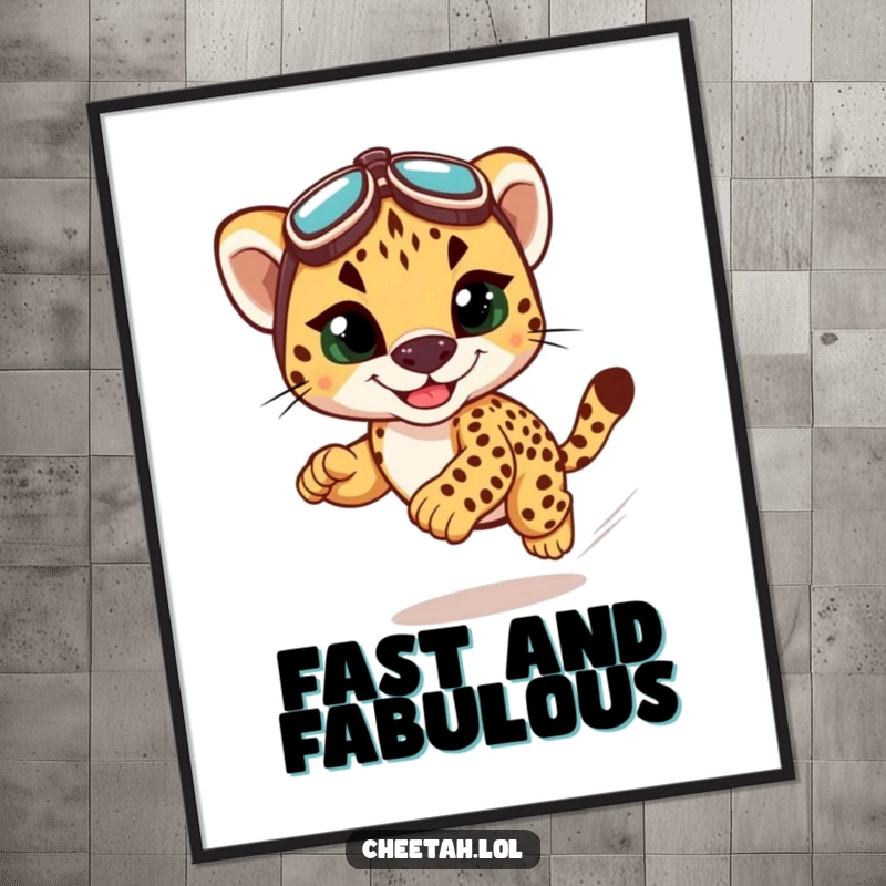 Funny cheetah cub racing poster showing a grinning cub in goggles speeding, ideal for dynamic and humorous wall decor.