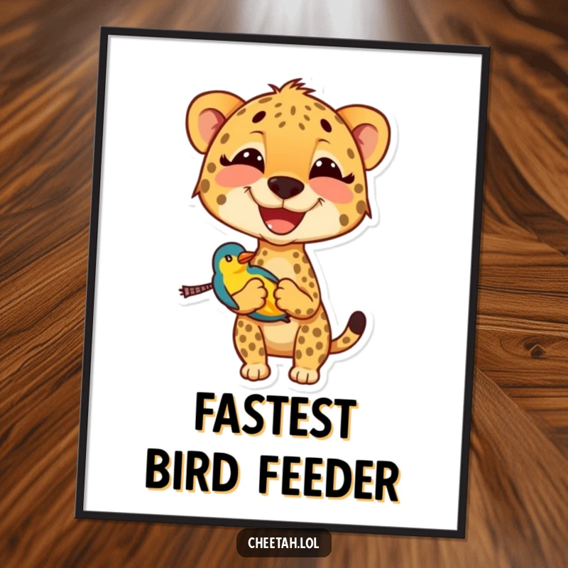 Funny cheetah poster showcasing a gleeful cheetah gently holding a small, colorful bird, a charming piece of humorous wildlife art.