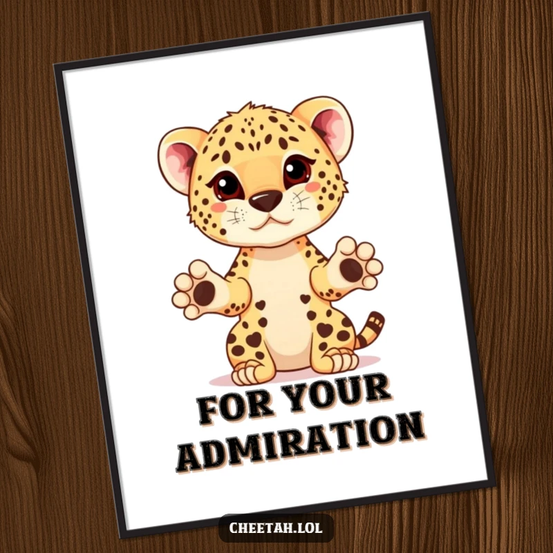 Funny cheetah cub with paws extended, presenting a prize on a poster, ideal for motivational decor.