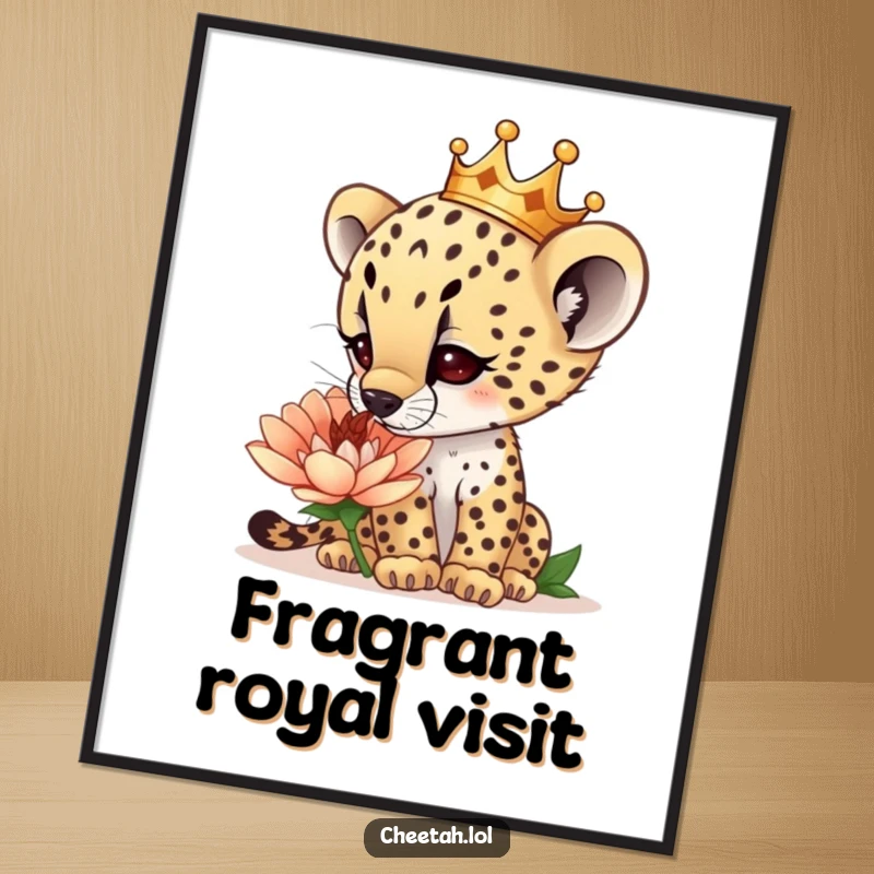 Funny curious cheetah cub wearing a tiny crown, sniffing a giant flower, as a colorful poster, celebrating nature, a great funny gift.
