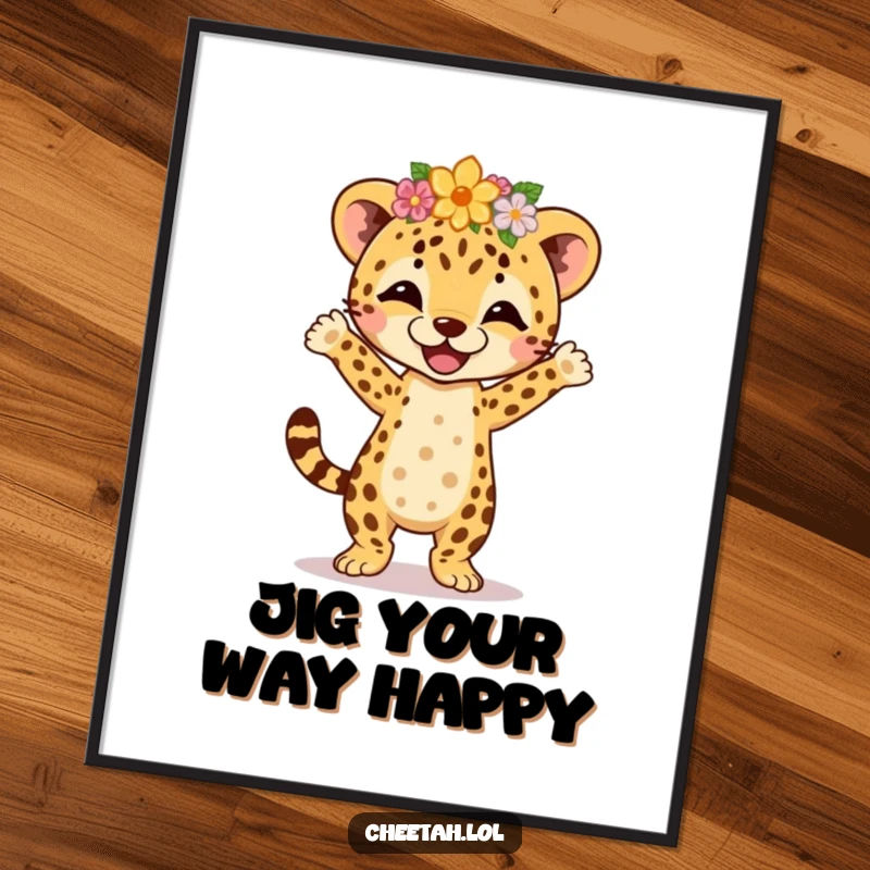 Funny cheetah cub wearing a flower crown, joyfully performing an energetic jig, as a vibrant artwork for wall decor.