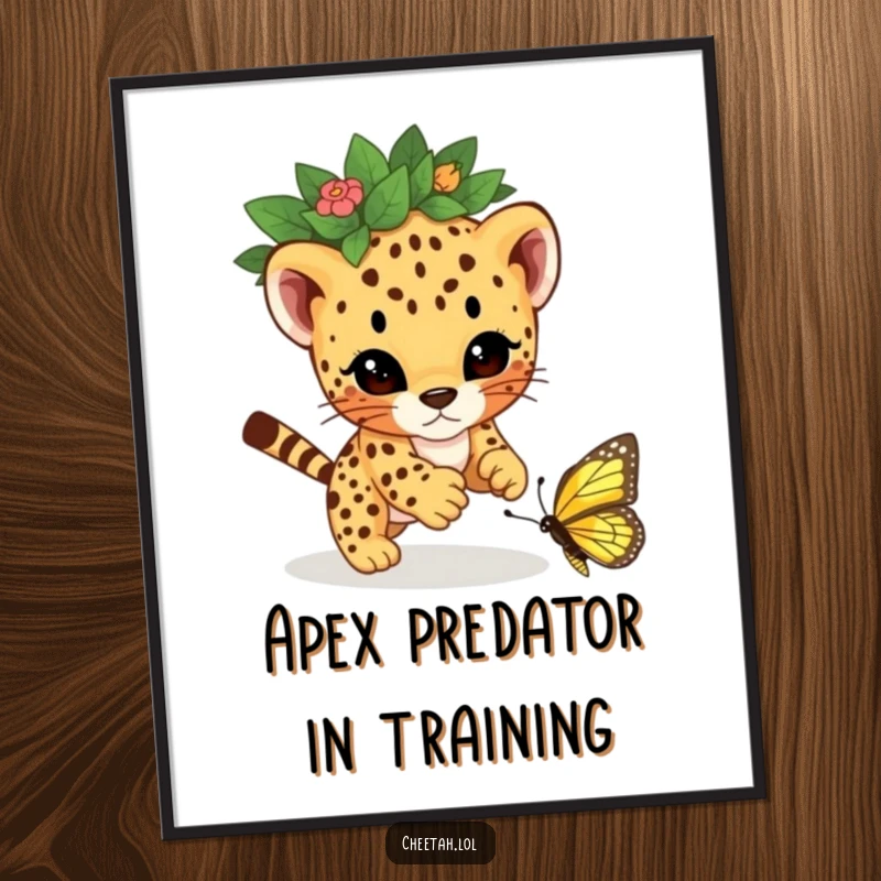 Funny cheetah cub wearing a leafy crown, captured mid-pounce on a butterfly, creating a dynamic and humorous artwork for wall decor.