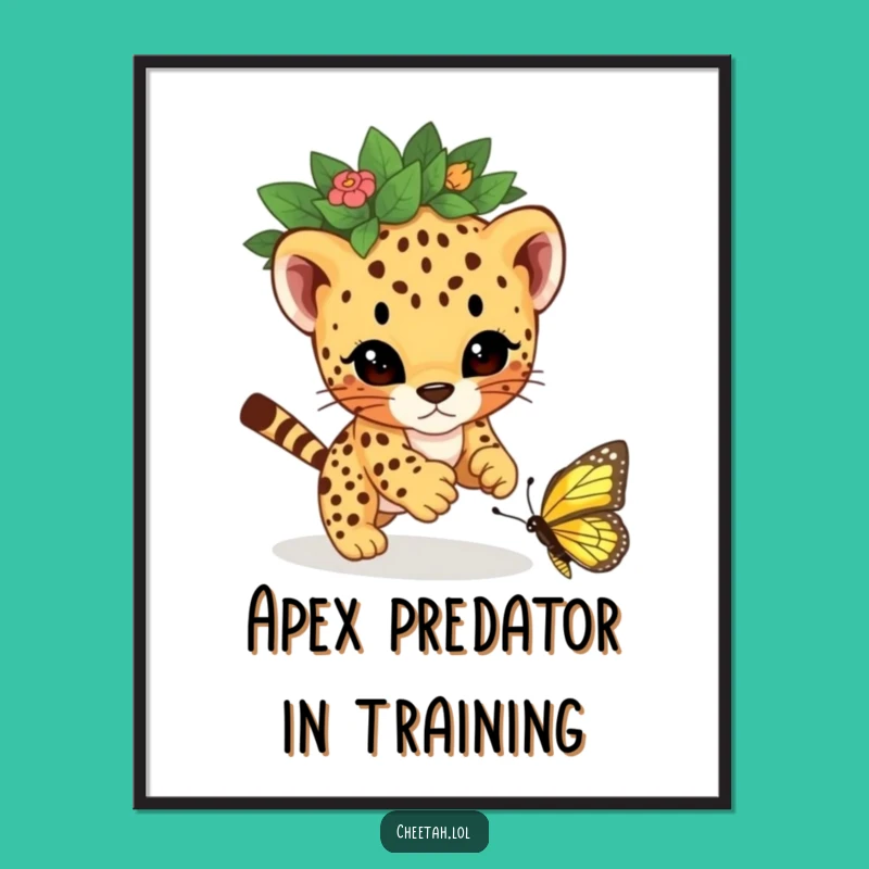 Funny Cheetah Cub Leaf Crown Poster - Playful Butterfly Chase Art