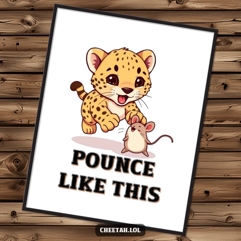 Funny cheetah cub excitedly pouncing on a bouncing toy mouse on a poster, great for wall art.
