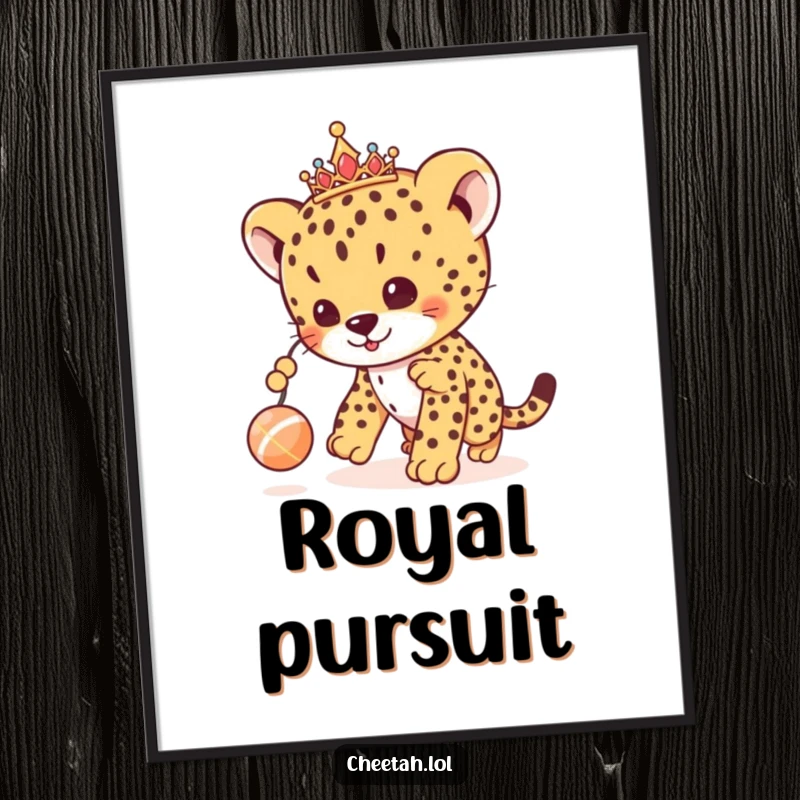 Funny cheetah cub poster showcasing a royal cub with a tiara, playfully chasing a dangling toy ball, adding cute humor.