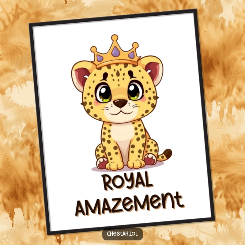 Funny cheetah cub poster art of a cub with a crown, looking surprised with wide, curious eyes, embodying royal wonder.