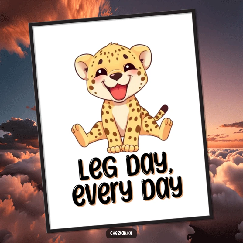 Funny cheetah cub poster featuring a grinning cub adorably stretching its long legs, radiating pure joy. Ideal wall decor gift.