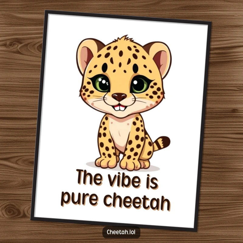 Funny cheetah cub striking a sleek, stylish pose with a confident grin, a fashionable and humorous wall art poster.