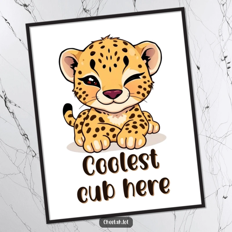 Funny cheetah cub poster depicting a relaxed cub giving a playful wink while stretching, embodying cool cat charisma.