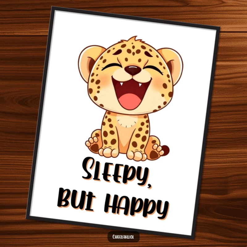 Funny poster capturing a cheetah cub's comically large, happy yawn, showcasing a moment of pure, uninhibited contentment and joy.