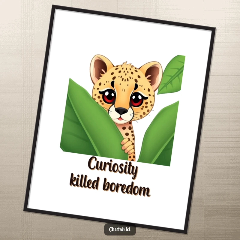 Funny cheetah with wide, curious eyes peeking from behind a giant spotted leaf, presented as artistic wall decor for a humorous touch.