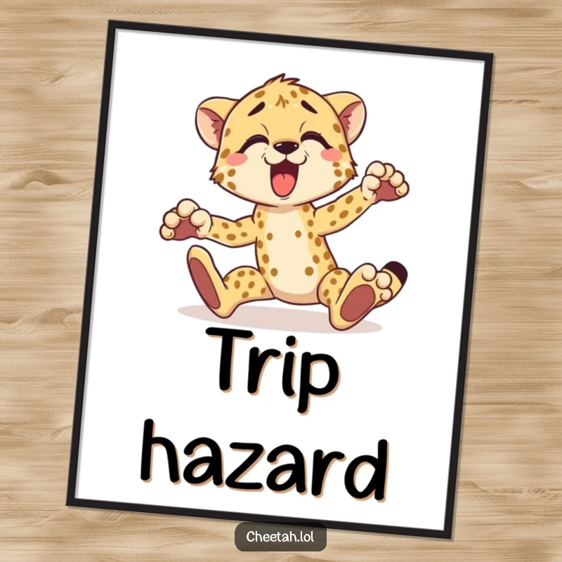 Funny cheetah poster of a surprised cheetah comically tripping over its paws, wall art for living rooms.