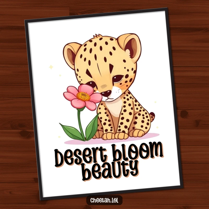 Funny cheetah cub poster featuring a curious cub cautiously sniffing a desert flower. Wall art.