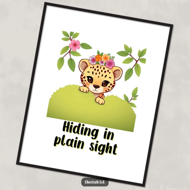 Funny mischievous cheetah cub wearing a floral crown peeking from behind a bush on this playful art poster.