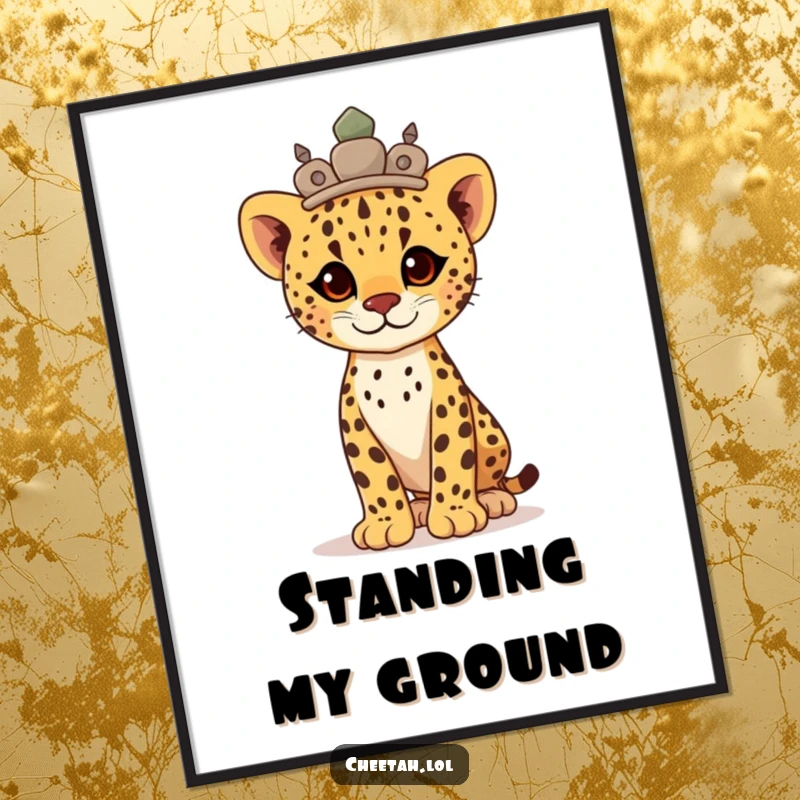 Funny proud cheetah cub adorned with a smooth stone crown, standing tall and majestic on this art poster.