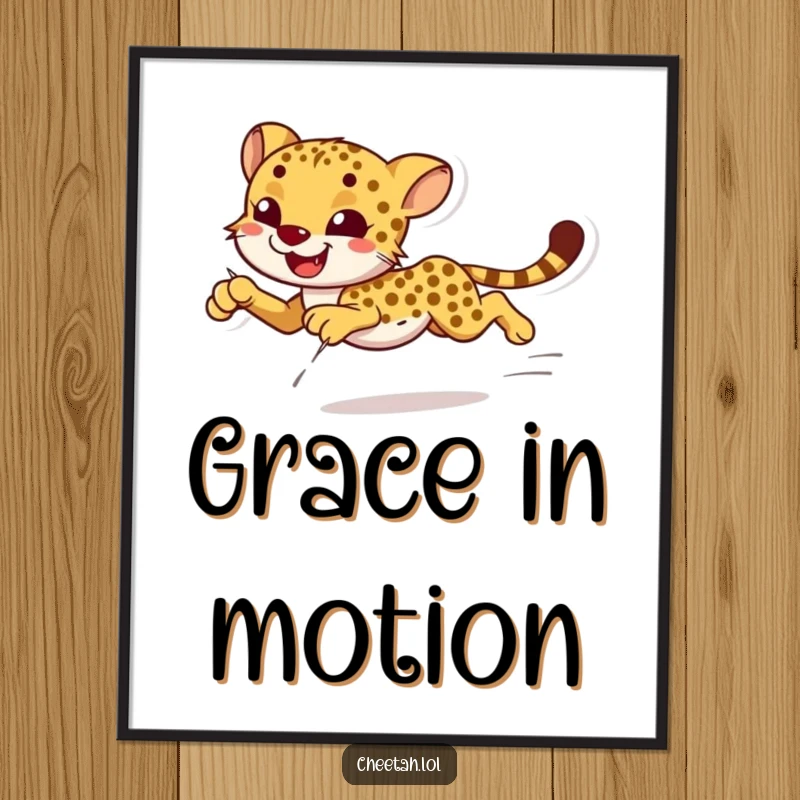 Funny smiling cheetah sprinting with effortless grace on a poster, great for wall art.