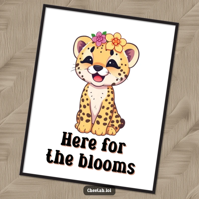 Funny wall art poster of a joyful cheetah cub with a flower crown, captured mid-giggle, bringing cheer to any room.
