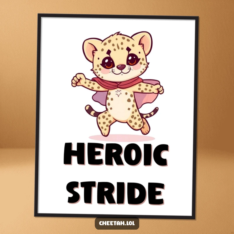 Funny cheetah cub poster art of a cub in a sparkly cape, striking a heroic pose mid-stride, embodying brave action.