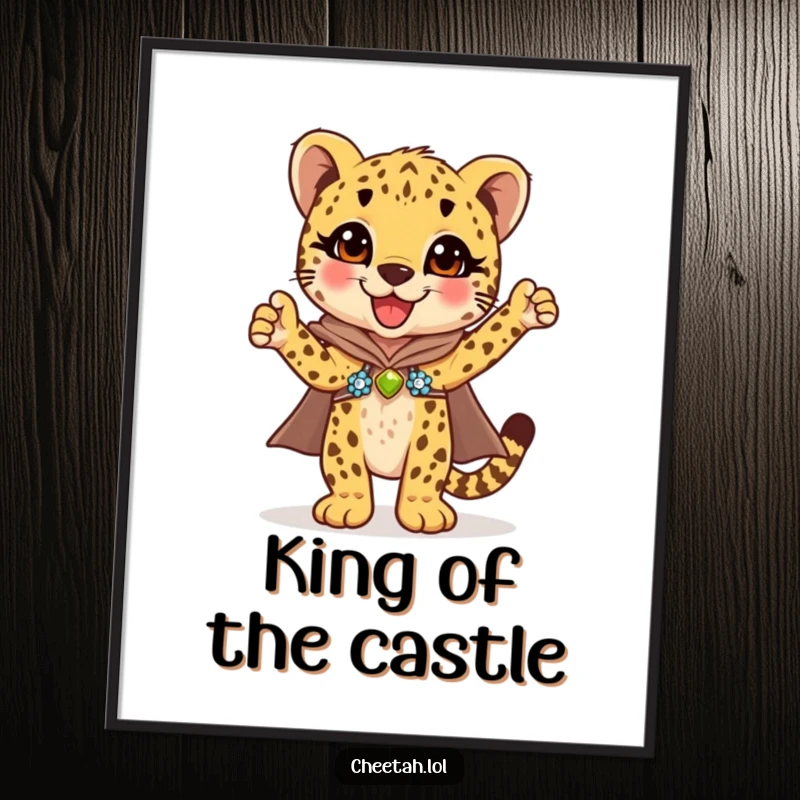 Funny cheetah cub in a dazzling sequined cape striking a triumphant pose, this art poster is a heroic gift.