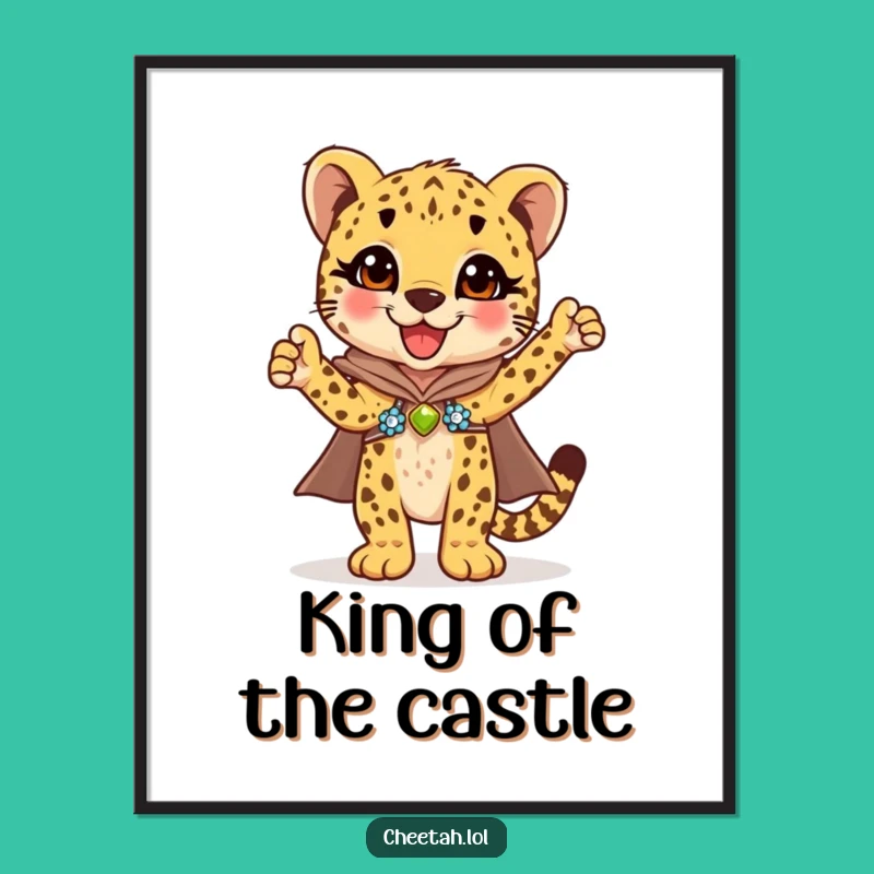 Funny Cheetah Cub Cape Poster: Triumphant Art Print Gift for Cheetah Lovers