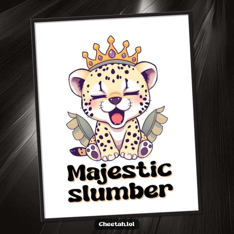 Funny sleepy cheetah cub wearing a feathered crown, yawning peacefully, this poster is a cozy gift.