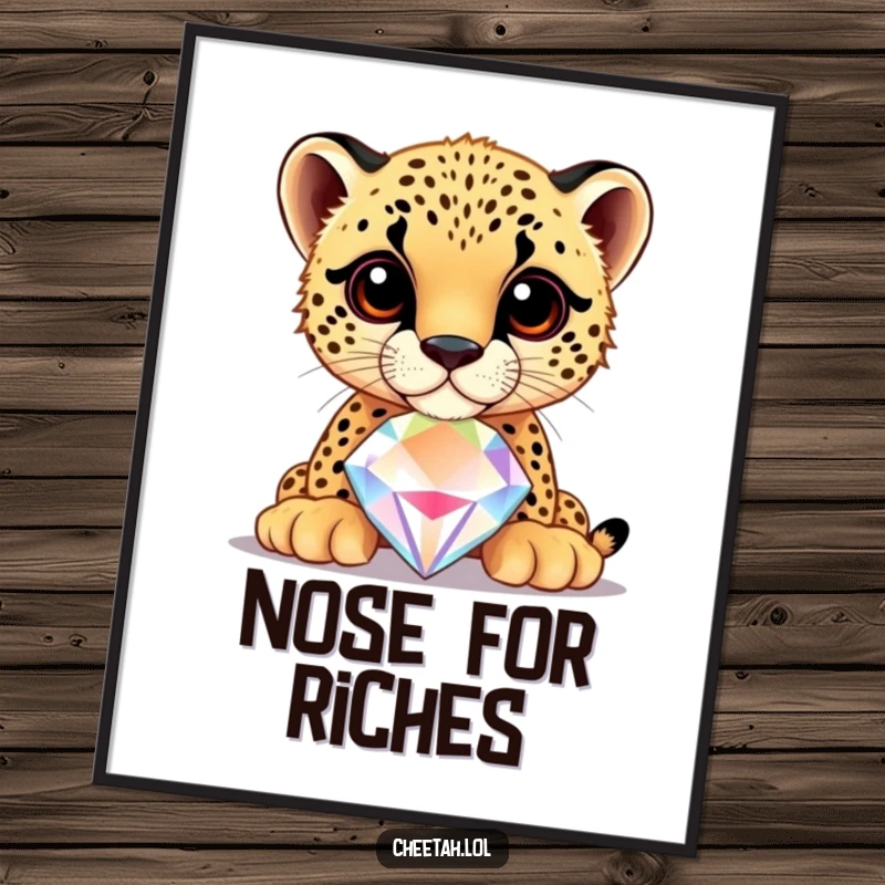 Funny cheetah cub balancing a large, shiny jewel on its nose, displayed as a vibrant poster, adding elegance.
