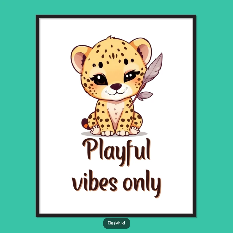Funny Winking Cheetah Cub Poster: Playful Feather Wall Art, Humorous Gift