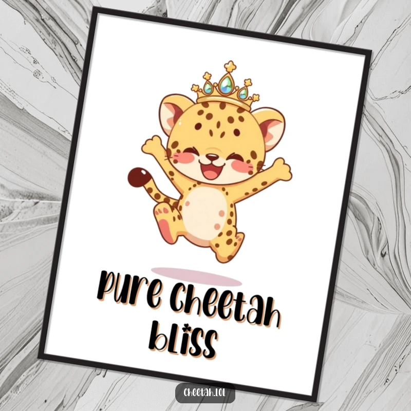 Funny Poster showcasing a cheetah cub adorned with a sparkling tiara, captured mid-joyful leap, conveying pure happiness and playful energy visually.