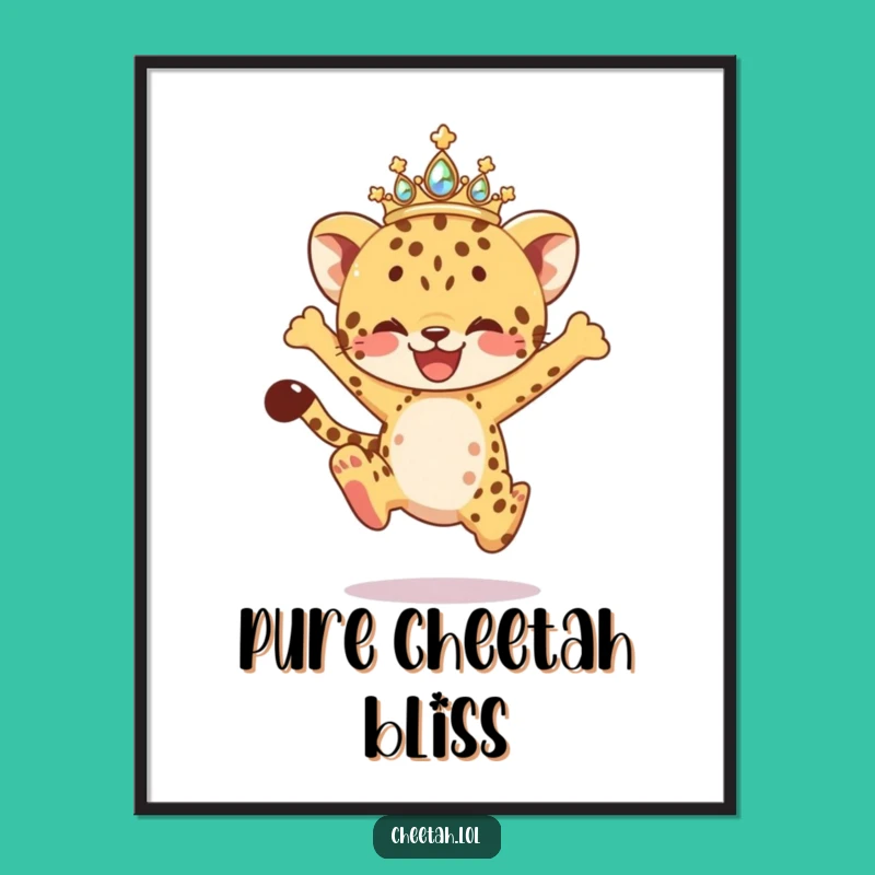 Funny Joyful Leap Cheetah Cub Poster: Sparkling Tiara Wall Art, Gift