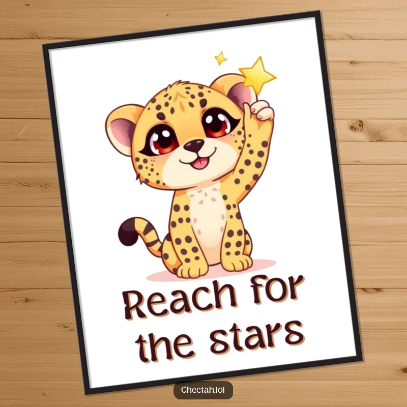 Funny art poster of a hopeful cheetah cub with big eyes reaching towards a bright, shimmering star, symbolizing aspirations.