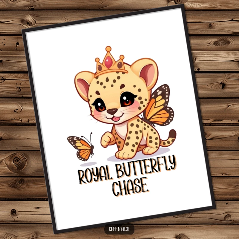 Funny cheetah cub wearing a tiara, playfully racing a butterfly, as a colorful poster, adding whimsy and humor, a great funny gift.