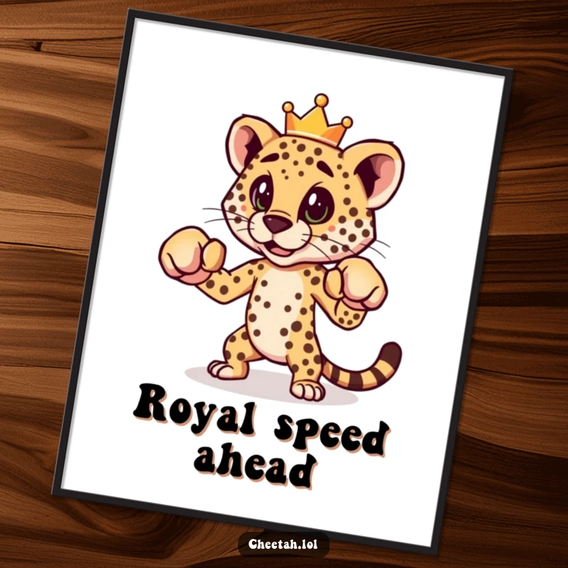 A vibrant and funny poster of a cheetah wearing a crown, striking a dynamic boxing stance, ready for a playful fight.