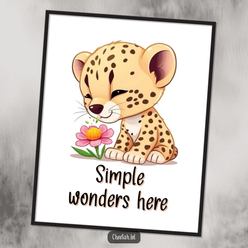 Funny cheetah cub wonder poster showing a cub curiously sniffing a flower, ideal for enchanting and humorous wall decor.